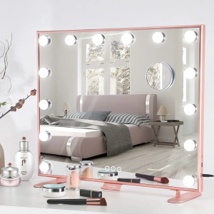Tovendor Large Hollywood Vanity Mirror Rose Gold, Bright 14pcs LED Bulbs Dimmable Lighted Makeup Mirror with 3 Color Modes Lights, Phone Holder and 2 USB Ports, 24*21 Inch