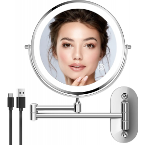 Tovendor Wall Mounted Makeup Mirror with Lights and Magnification, 8 Inch Lighted Bathroom Shaving Mirror, 1X 7X Magnifying, Dimmable 3 Color Lighting, Swing Arm, USB Rechargeable